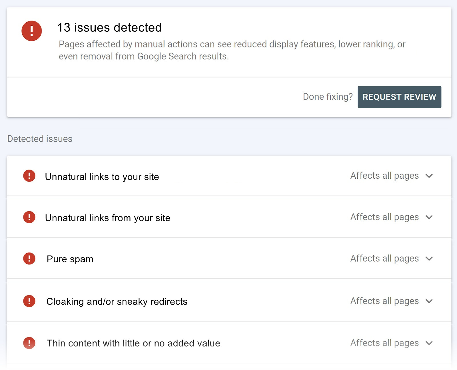 list of detected issues and penalties due to spam links. issues include things like unnatural links to and from your site, pure spam, cloaking, and more